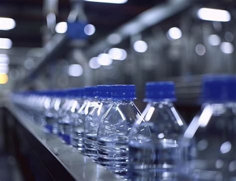 A Line Of Water Bottles With Blue Caps On The Assembly Line With A