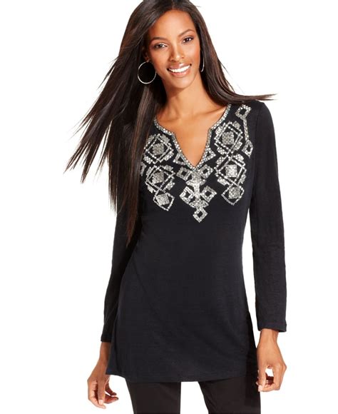 Inc International Concepts Top Long Sleeve Beaded Linen Tunic Tops