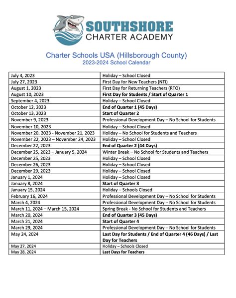 School Calendar - Southshore Charter Academy