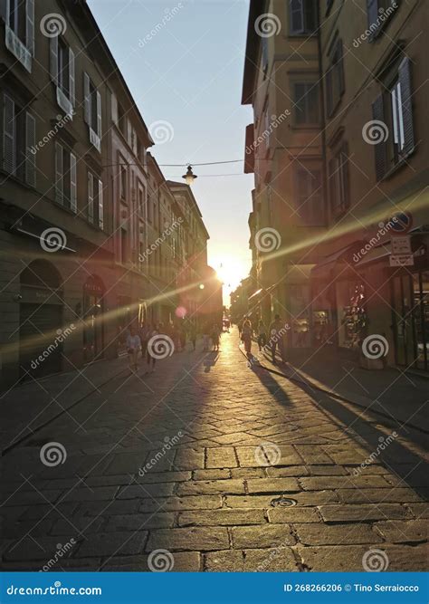 Sunset With The Sun In The Streets Of The Center Of Reggio Emilia