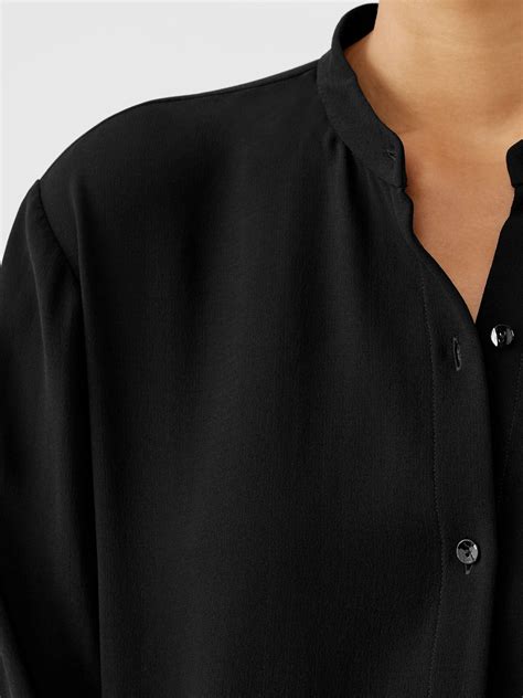 Silk Georgette Crepe Mandarin Collar Shirt Eileen Fisher