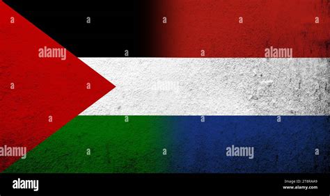 Flag Of Palestine And The Kingdom Of The Netherlands National Flag Grunge Background Stock