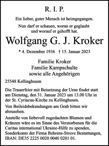 Traueranzeigen Von Wolfgang G J Kroker Sh Z Trauer