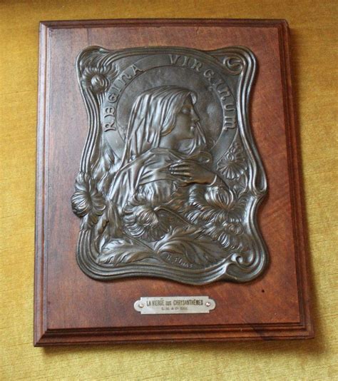 Plaque Cuivre Patin Art Nouveau La Vierge Aux Chrysanth Mes Par R