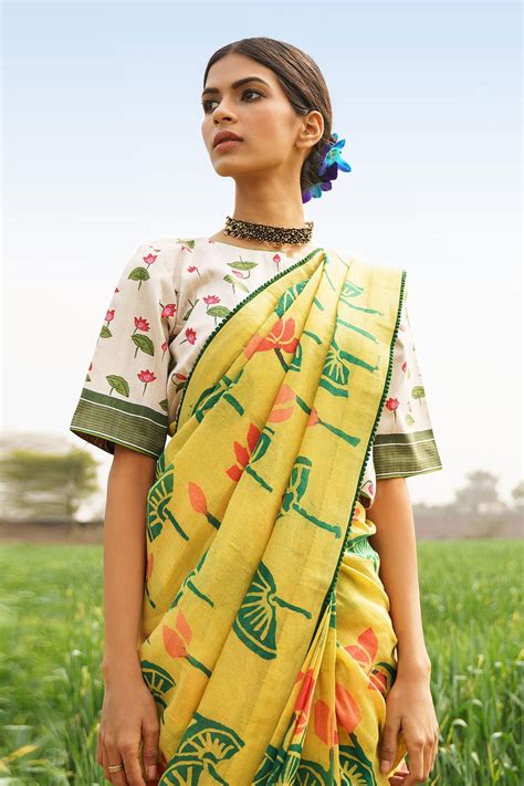 Buy Label Pratham Yellow Pichwai Tussar Linen Saree Online Aza Fashions