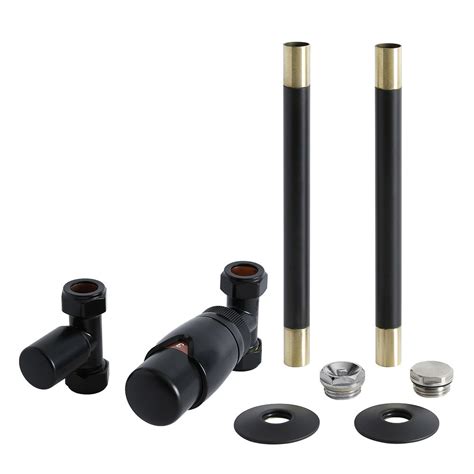 Milano Modern Thermostatic Straight Radiator Valve And Pipe Set Black