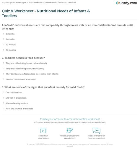 Quiz & Worksheet - Nutritional Needs of Infants & Toddlers | Study.com 