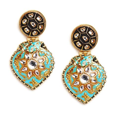 Panash Gold Toned Kundan Meenakari Floral Shaped Drop Earrings Buy