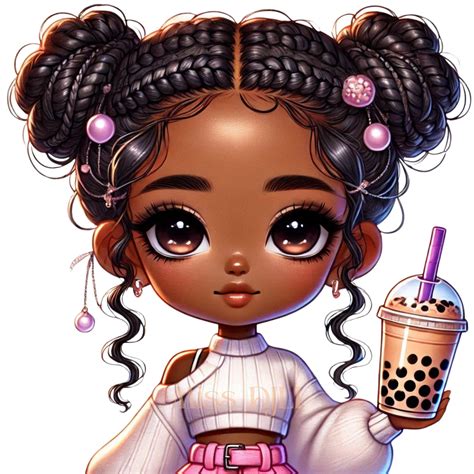 adorable chibi black girl digital illustration set  png files
