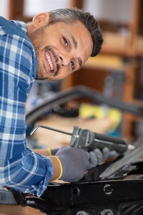 Happy Worker Repairing Car Body Stock Photo Image Of Body Auto