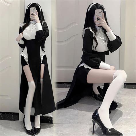 Women Nun Costume Halloween Nun Cosplay Uniform Jumpsuits Split Dress