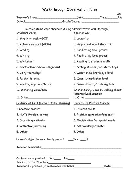 Teacher Walk Through Observation Form