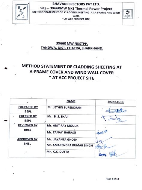 Method Statement Of Cladding Sheeting At A Frame And Wind Wall At Acc Project Site Pdf Crane