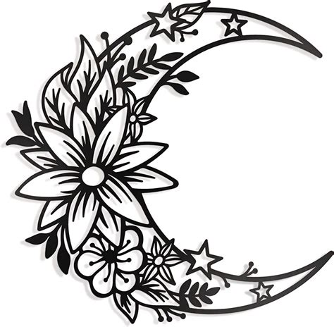 Boho Large Floral Moon And Star Phase Metal Sign Half Moon Flower Wall