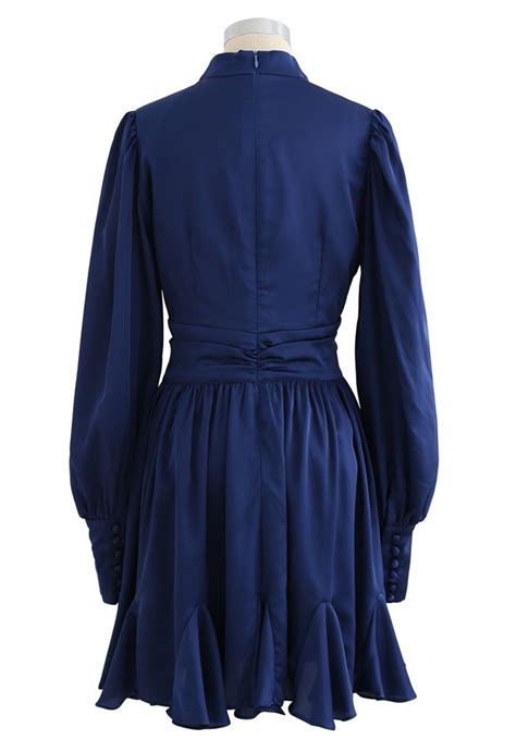 High Neck Puff Sleeves Satin Ruffle Dress In Navy Retro Indie And