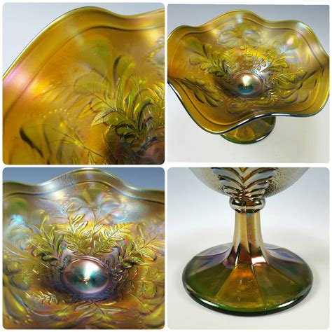 Northwood Green Daisy And Plume Ruffled Carnival Glass Compote Etsy