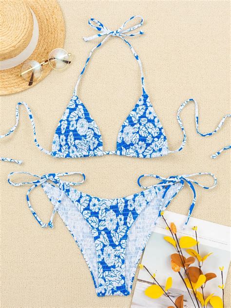 Floral Smocked Triangle Tie Side Bikini Swimsuit Shein