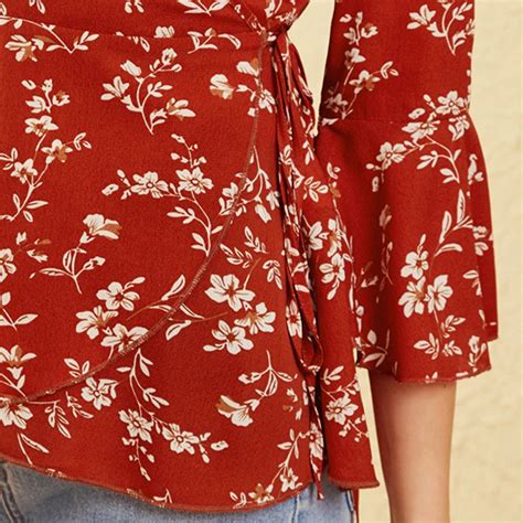 V Neck Ditsy Floral Print Knot Side Boho Wrap Blouse Power Day Sale