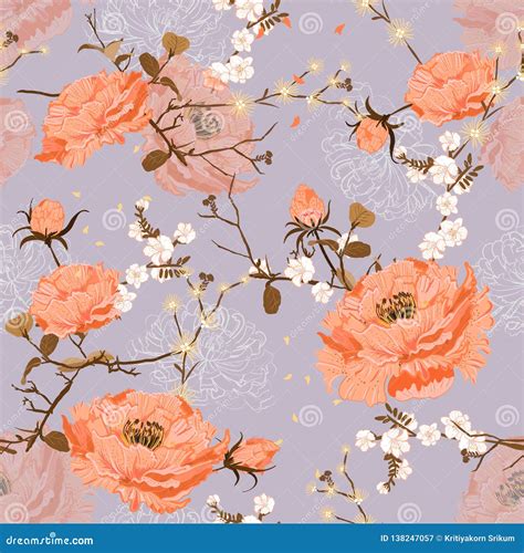 Seamless Floral Pattern. Chinese National Flower Peony and Cherry Bloosom Stock Illustration ...