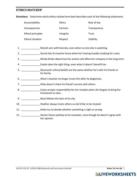 Business Essentials Ethics Match Up Worksheet Live Worksheets