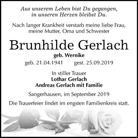 Traueranzeigen Von Brunhilde Gerlach Abschied Nehmen De