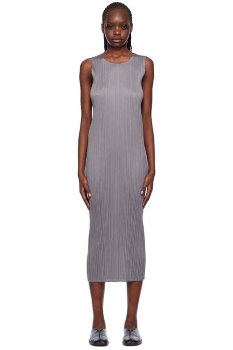 Pleats Please Issey Miyake Gray Basics Midi Dress In Pleats