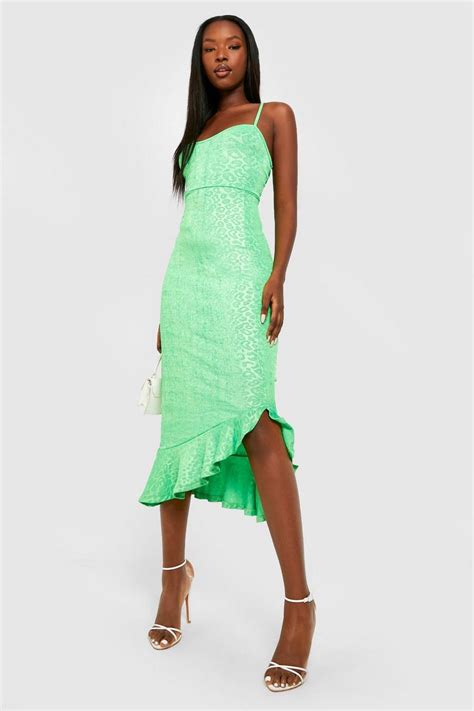 Jacquard Slinky Frill Hem Midi Dress Boohoo Uk