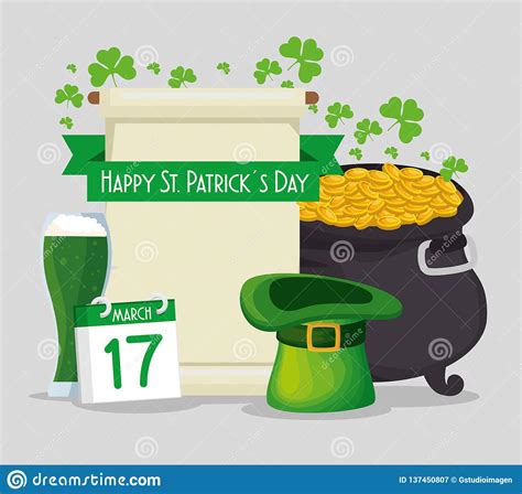 St Patrick Card With Cauldron And Gold Coins With Hat Stock Vector