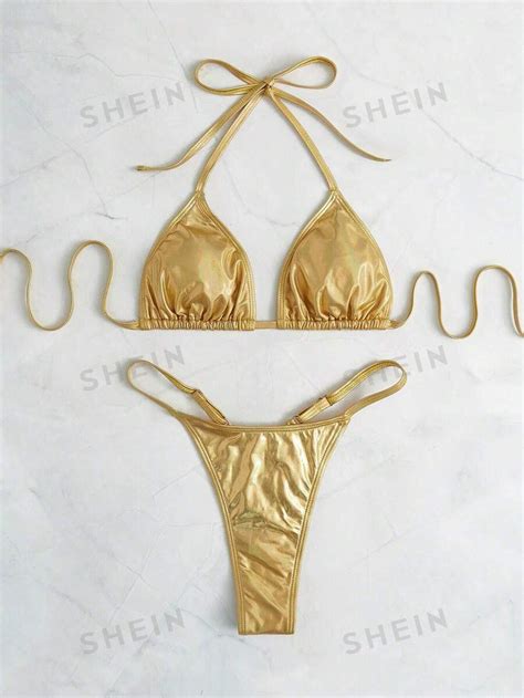 SHEIN Swim Summer Beach Metallic Triangle Thong Bikini Set SHEIN UK