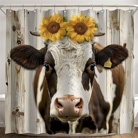 Rustic Farmhouse Chic Ed Cow Sunflower Shower Curtain Detailed