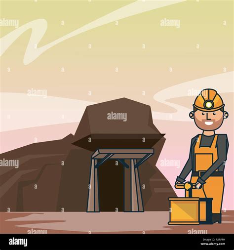 Mining cave and worker with detonator at mine vector illustration ...