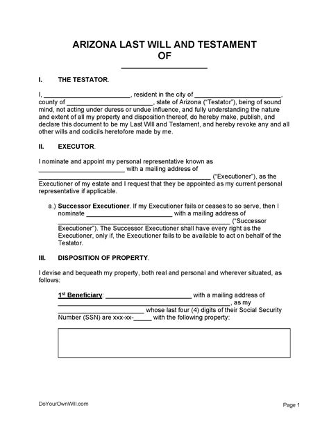 Free Arizona Last Will And Testament Form Pdf Word Odt