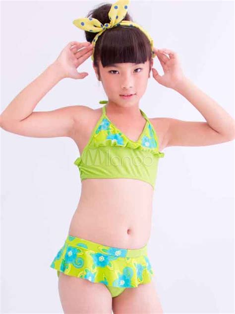 Bikini de niña impresión Floral volantes lindo cabestro Milanoo