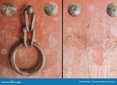 Old Metal Ring Handle On Red Wooden Door Stock Photo Image Of Loop