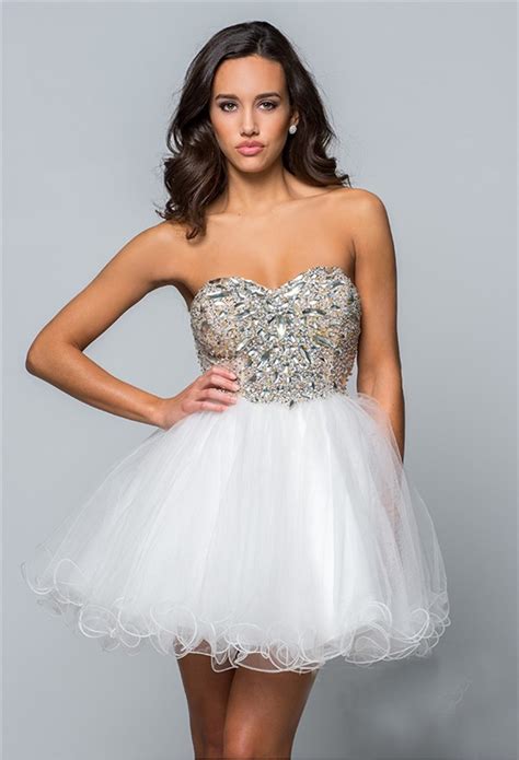 Puffy Strapless Short Mini White Tulle Beaded Cockatil Prom Dress