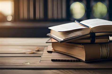 Premium Photo | A stack of books on a table with one of them open and ...