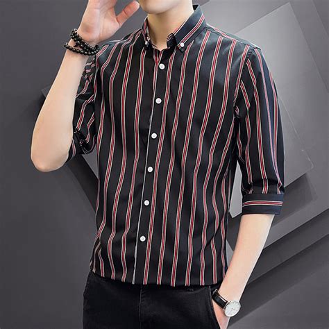 Summer Striped Mid Sleeve Shirt Mens Korean Version Of Slim Fit Short