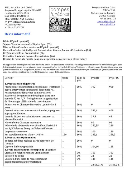 Nos tarifs Pompes Funèbres Cairn