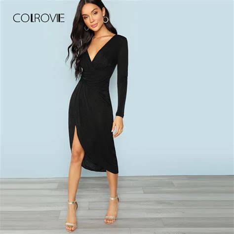 Buy Colrovie Black Deep V Neck Wrap Sexy Bodycon Dress