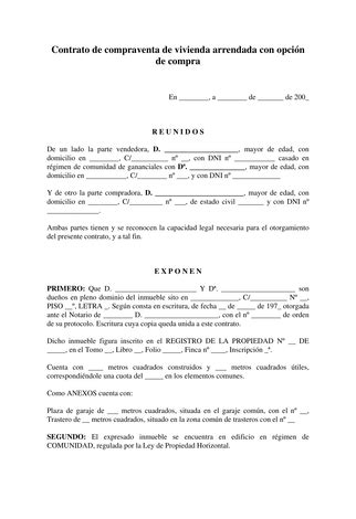 Plantilla Contrato De Compraventa De Vivienda Con Opci N A Compra