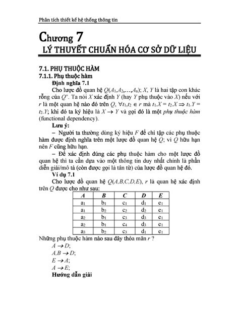 Chapter 7 Database Normalization 1 Nh N 7 Quan H Q A 1 A 2 An X Y Là Hai T P Con Khác R