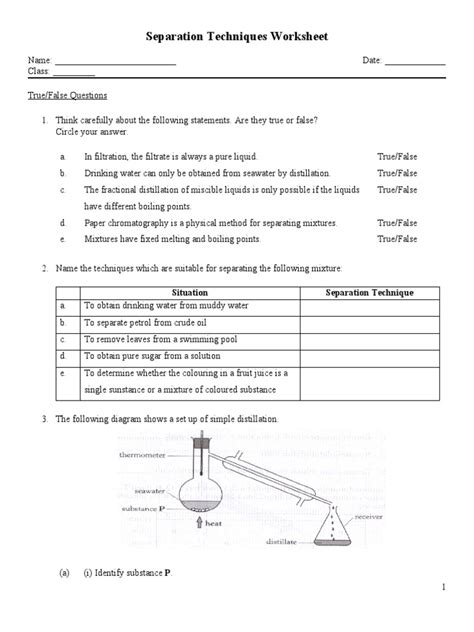 Separation Techniques Worksheet Pdf Distillation Water