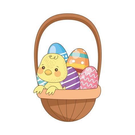 Painted Easter Eggs In Basket With Little Chick 1994350 Vector Art At Vecteezy