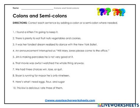 Colon And Semicolon Online Exercise For Live Worksheets Worksheets