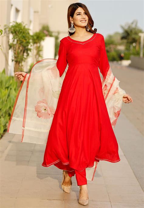 Buy Gota Work Rayon Anarkali Suit In Red Online Kmm Utsav Fashion