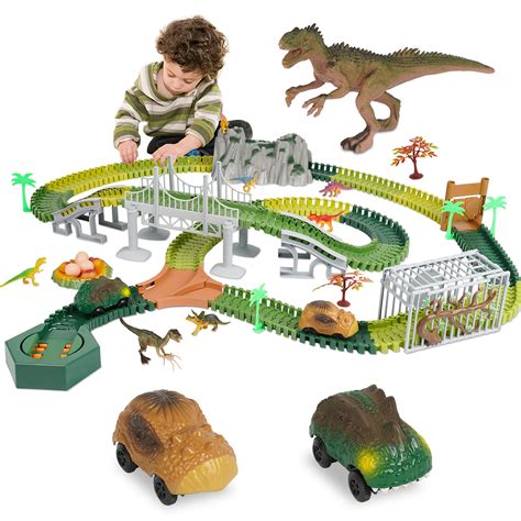 IYofe Dinosaur Race Car Track Toys Dinosaur Toys Track Train Set With