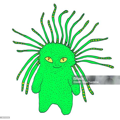 Cute Green Monster With Yellow Eyes And Antennas Hand Drawing Vector