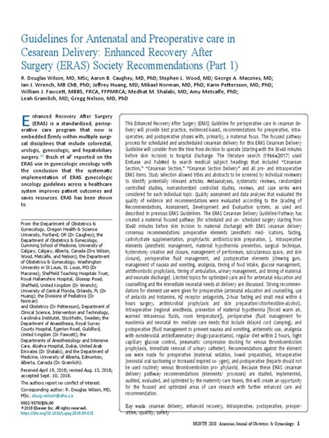 Guidelines For Antenatal And Preoperative Care In Cesarean Delivery Enhanced Recovery After