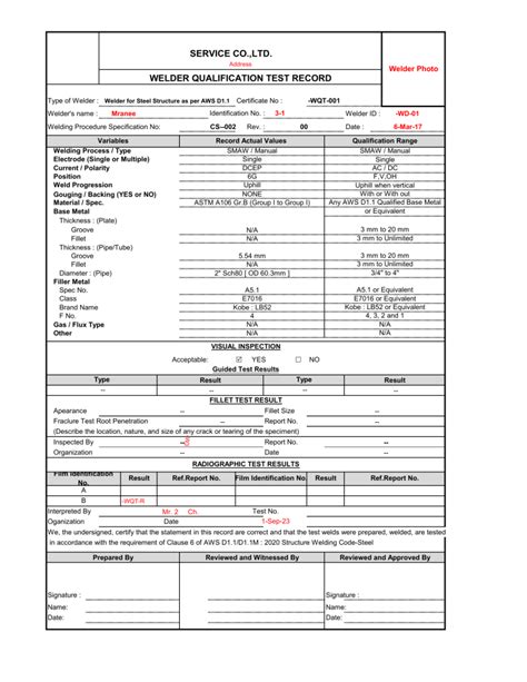 Sample Welder Qualification Test