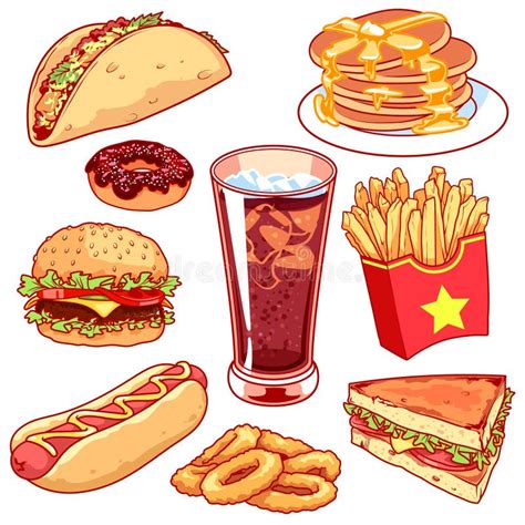 Set Of Cartoon Fast-food Icons On White Background. Stock Vector - Illustration of meal ...